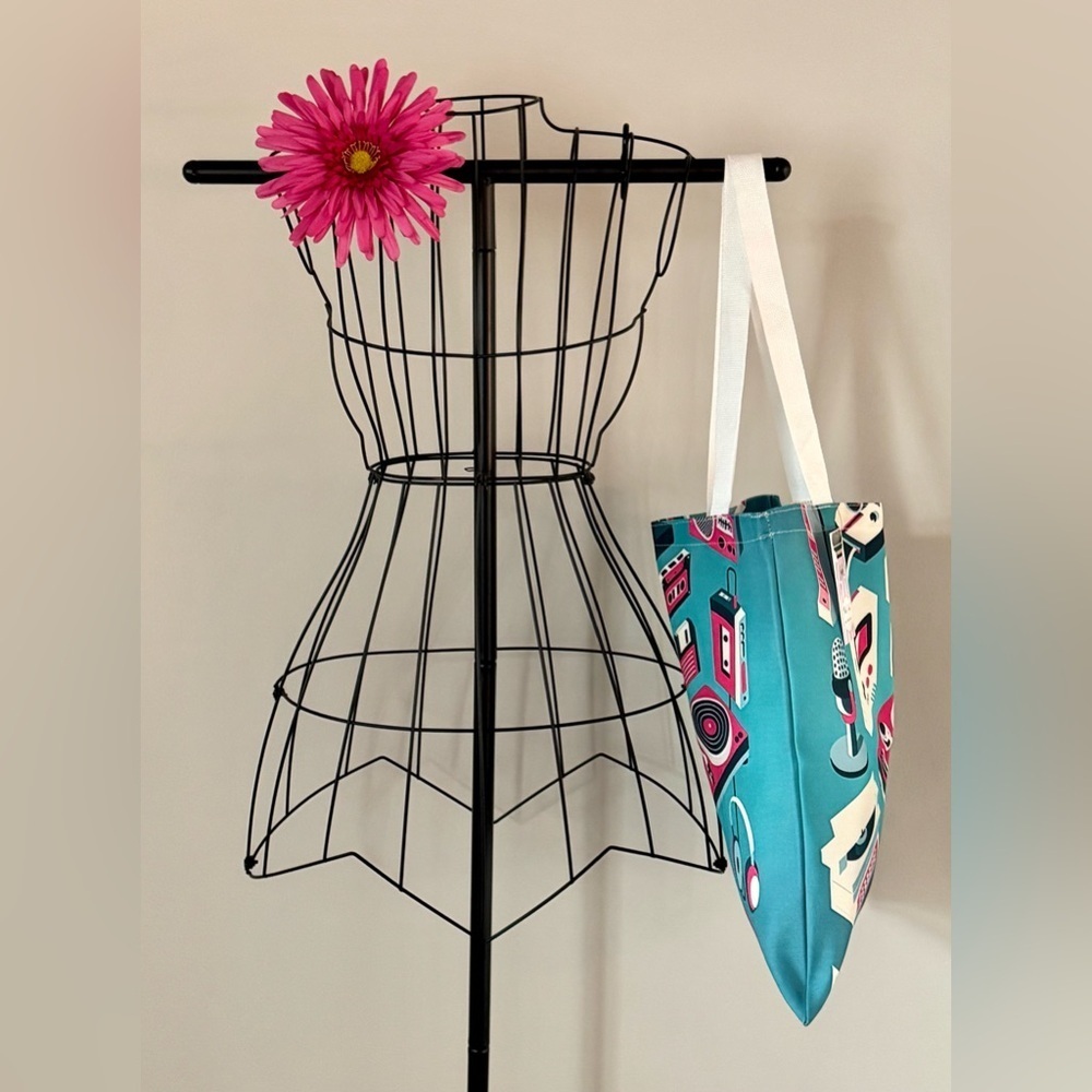 New 80s Style Retro Technology Shopping Bag Tote w/ Cassette Tape Charm - 16” - Picture 2 of 10